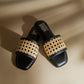 Stylera black and natural woven sandals for women with open toes and square heels