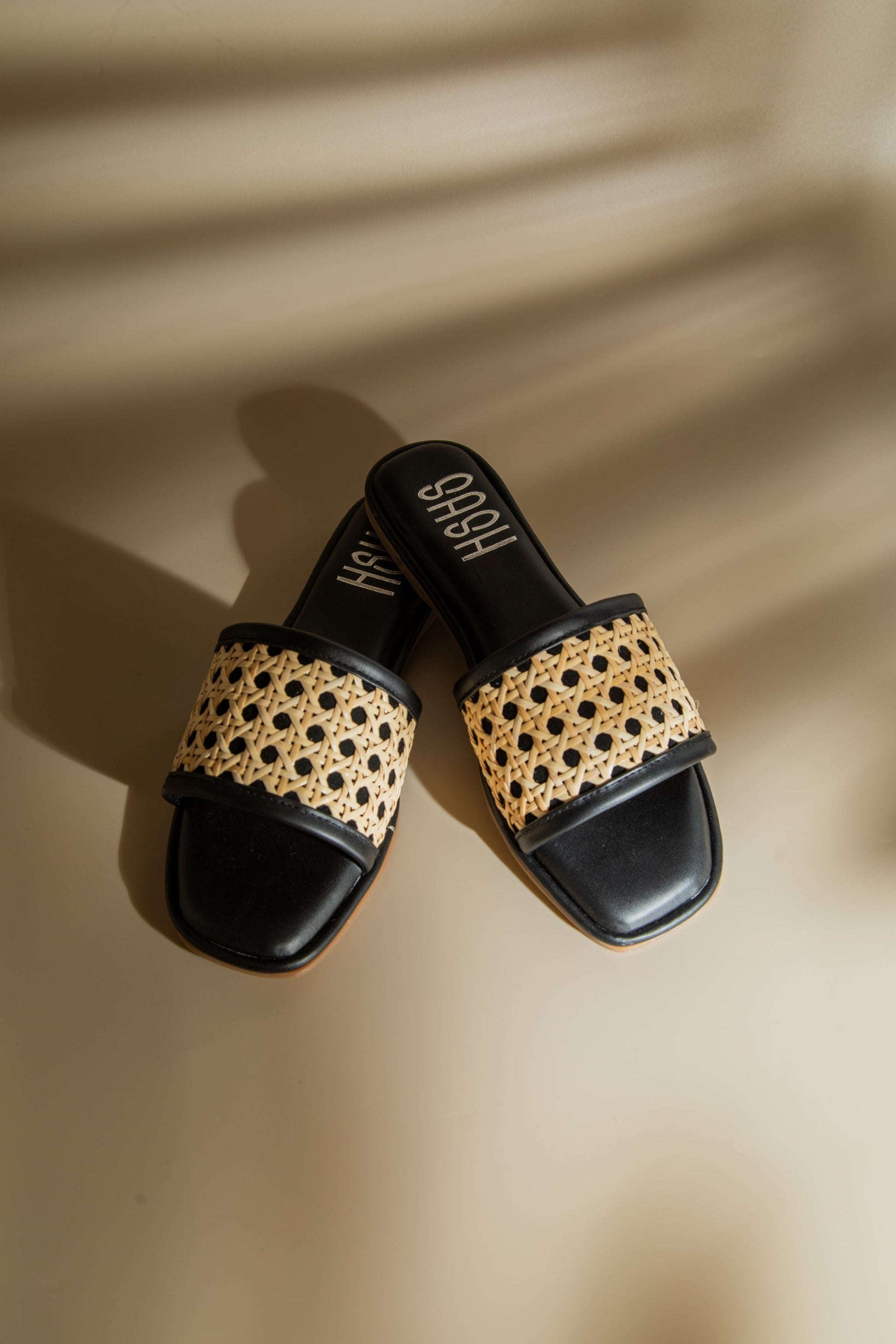 Stylera black and natural woven sandals for women with open toes and square heels