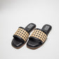 Stylera black slide sandals with beige woven strap woven sandals for women