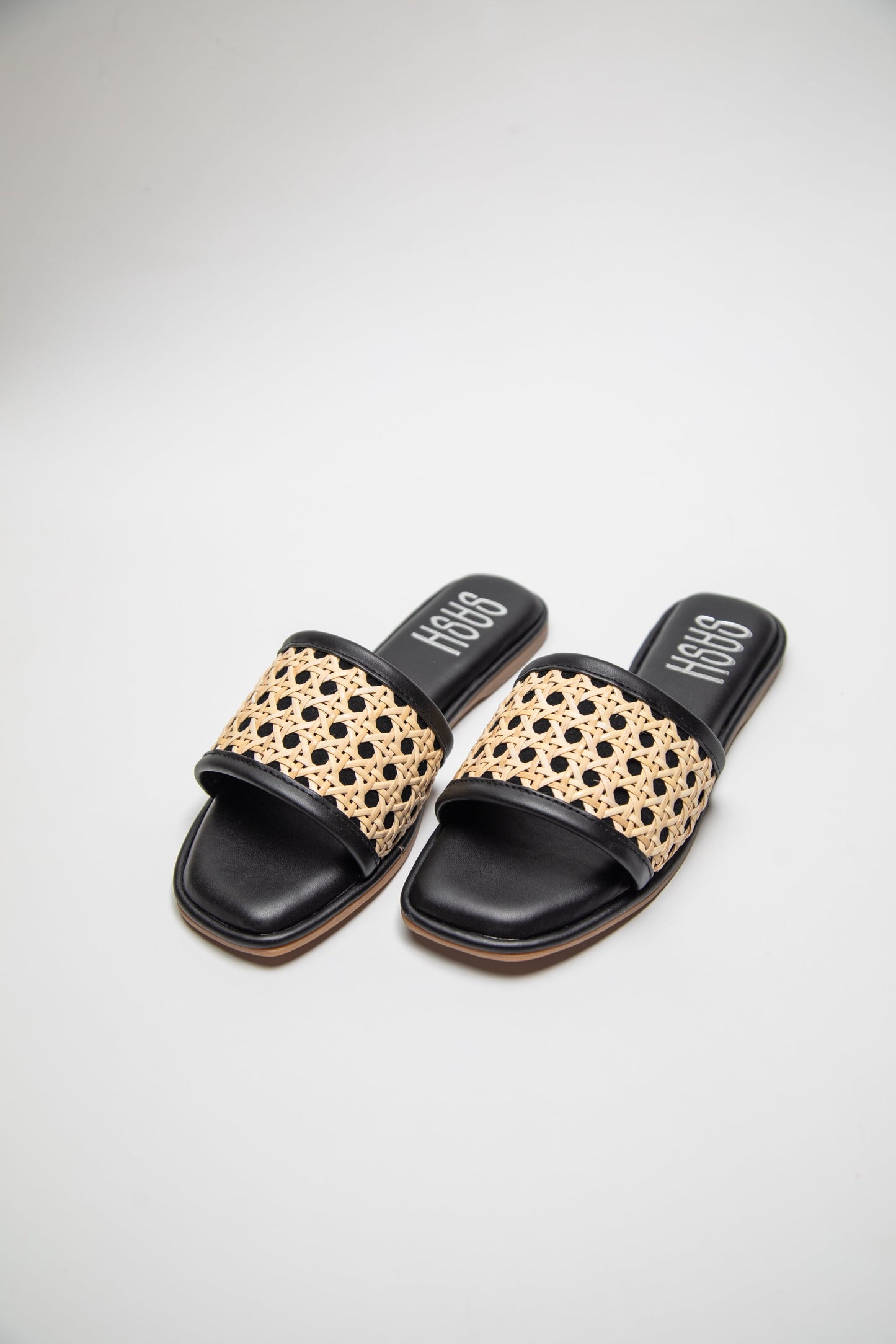 Stylera black slide sandals with beige woven strap woven sandals for women