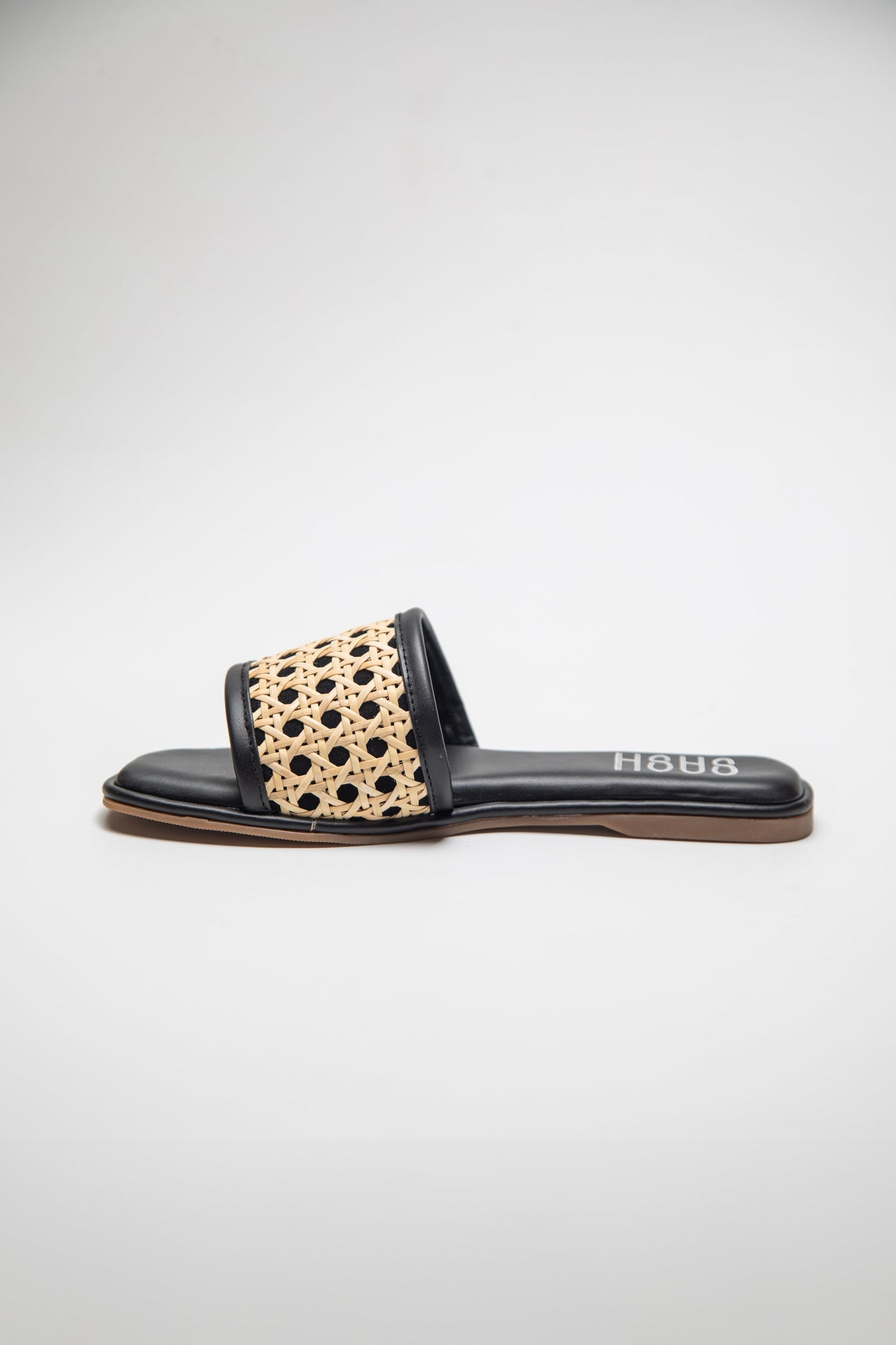 Stylera woven sandals for women with black sole and beige woven strap slide style