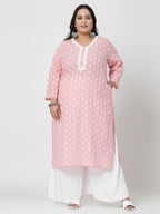 Women Baby Pink Cotton Dobby Kurta With Lace Krya