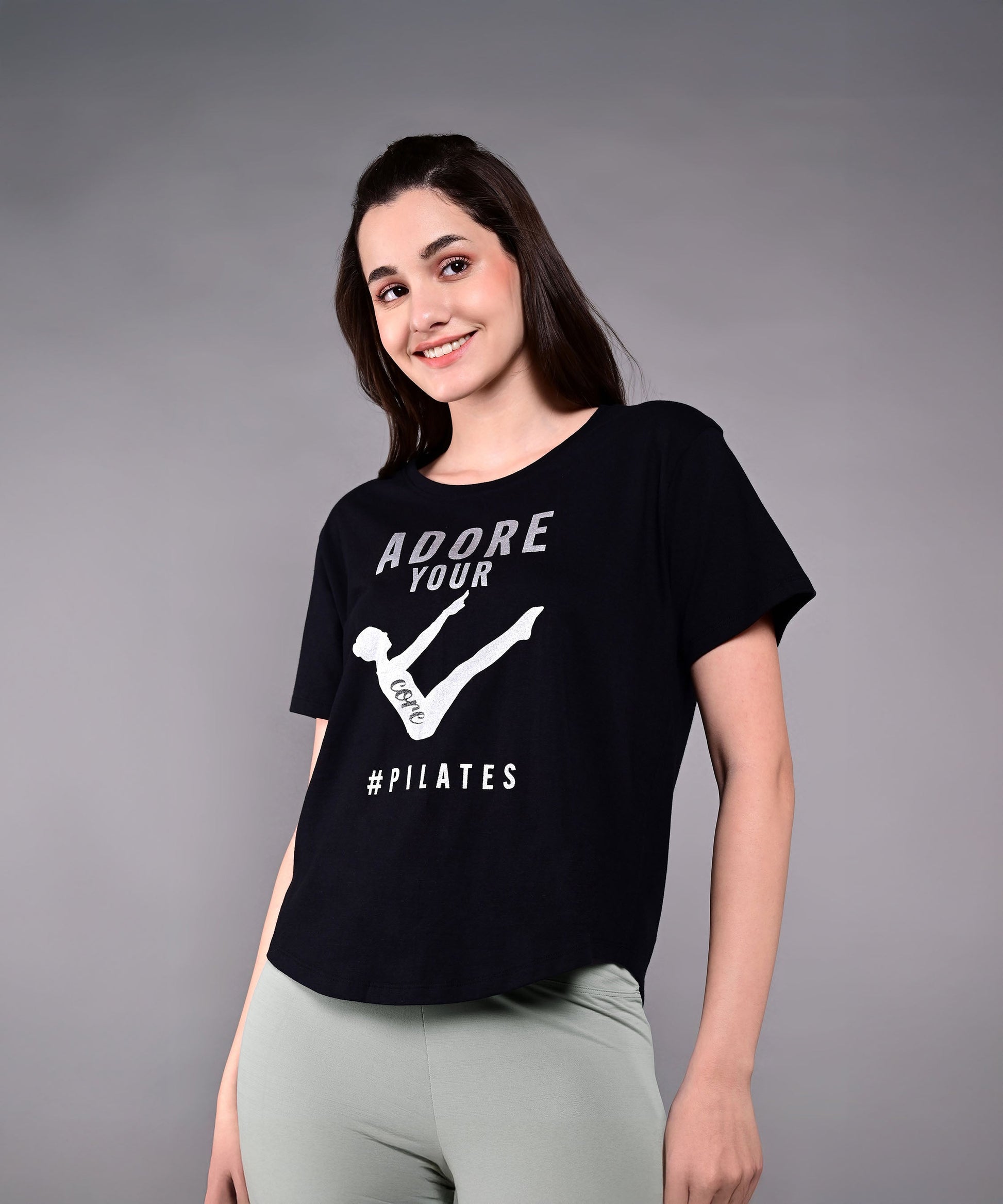 Stylera Adore Your Core printed tee in black with a stylish Pilates graphic design