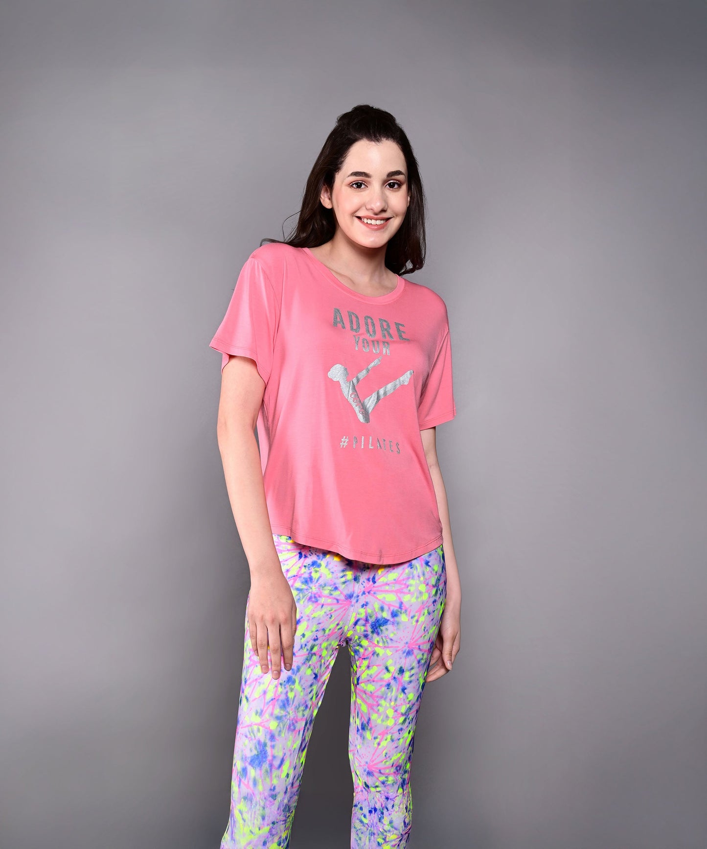 Stylera Adore Your Core printed tee in pink with stylish design for active wear