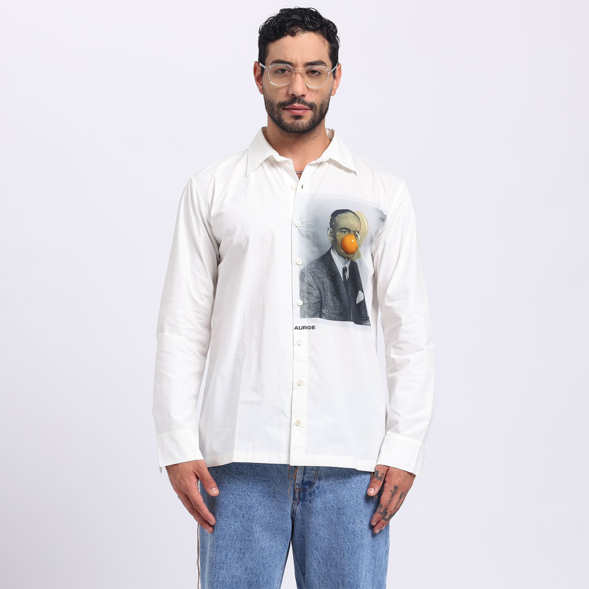 AStylera URGE art print casual shirt men in white featuring a unique graphic design on the front