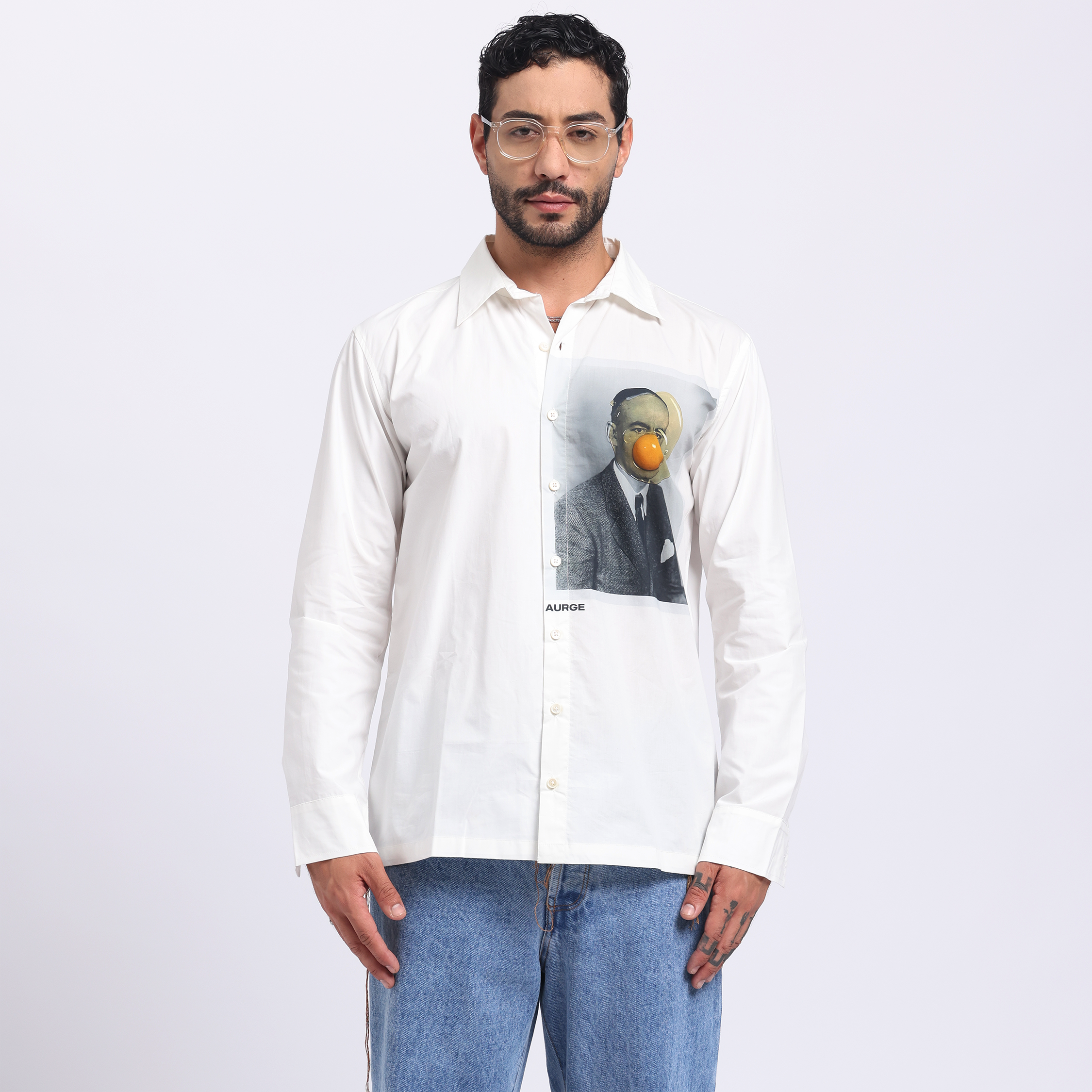 AStylera URGE art print casual shirt men in white featuring a unique graphic design on the front
