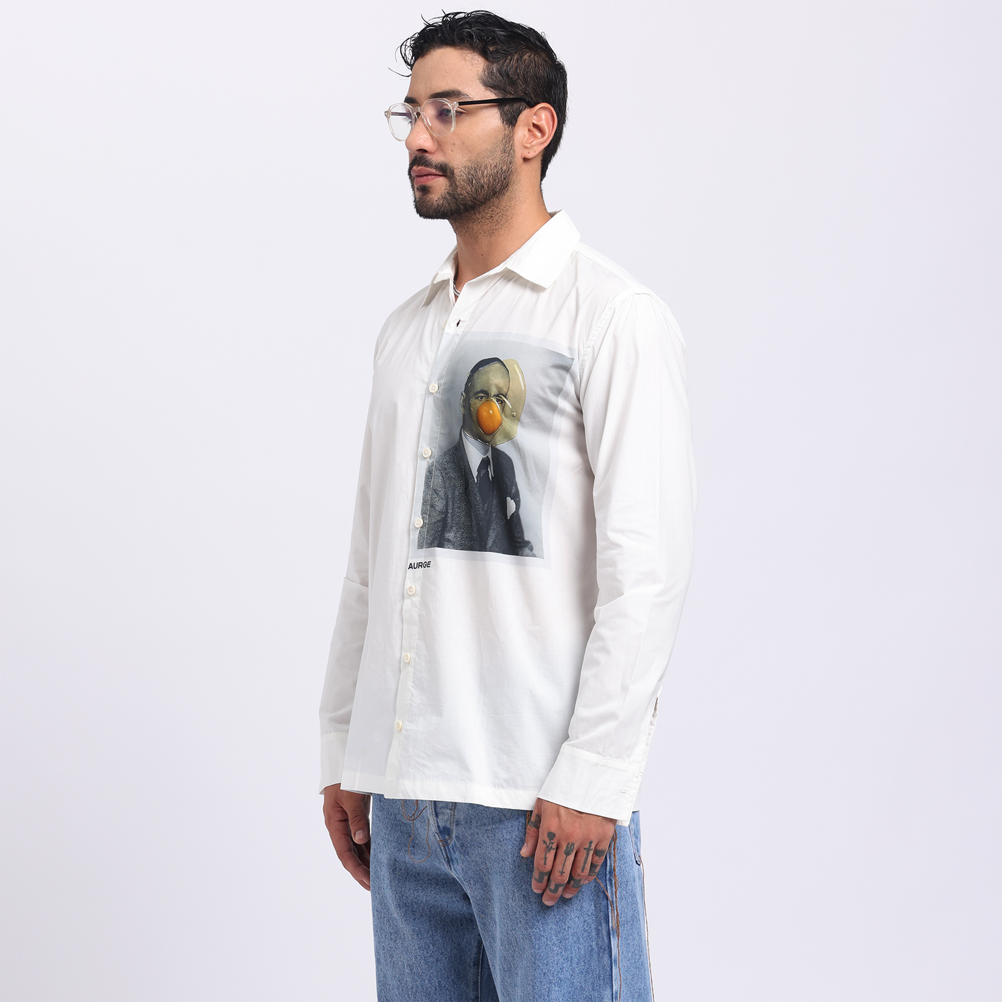 Stylish Stylera art print casual shirt men featuring a unique graphic design on a white fabric