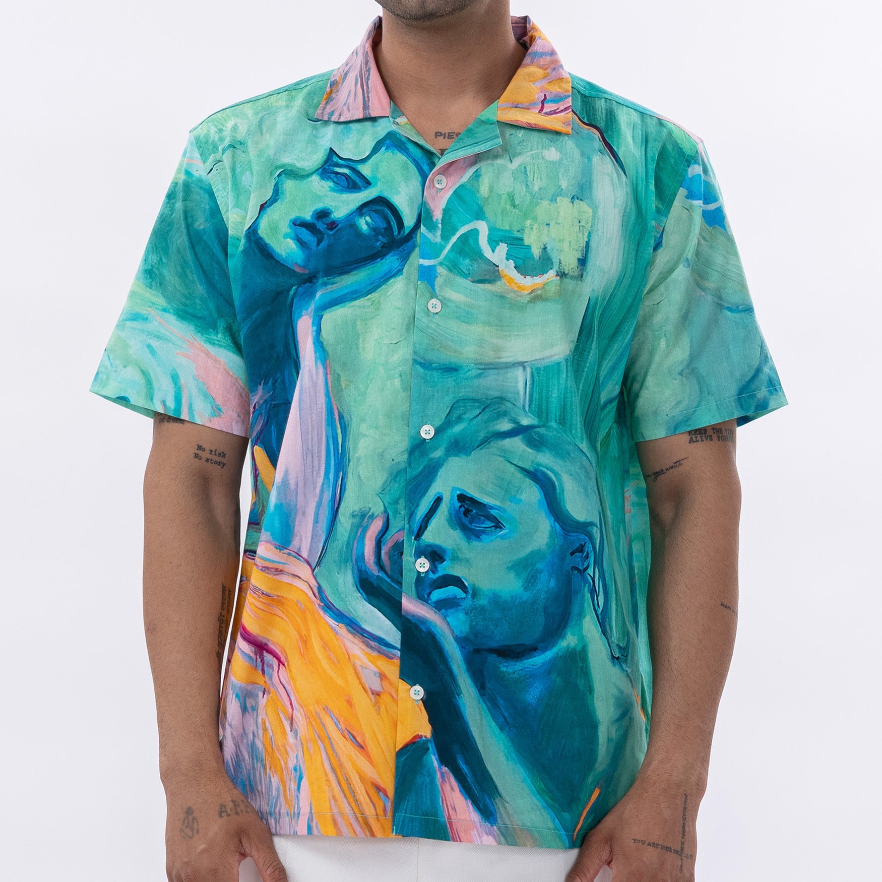 Stylera art print short sleeve shirt featuring vibrant colors and abstract artistic designs