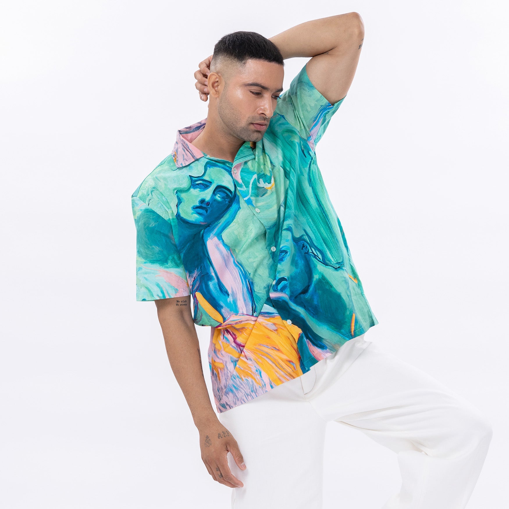 Stylera art print short sleeve shirt featuring vibrant artwork in green and orange tones