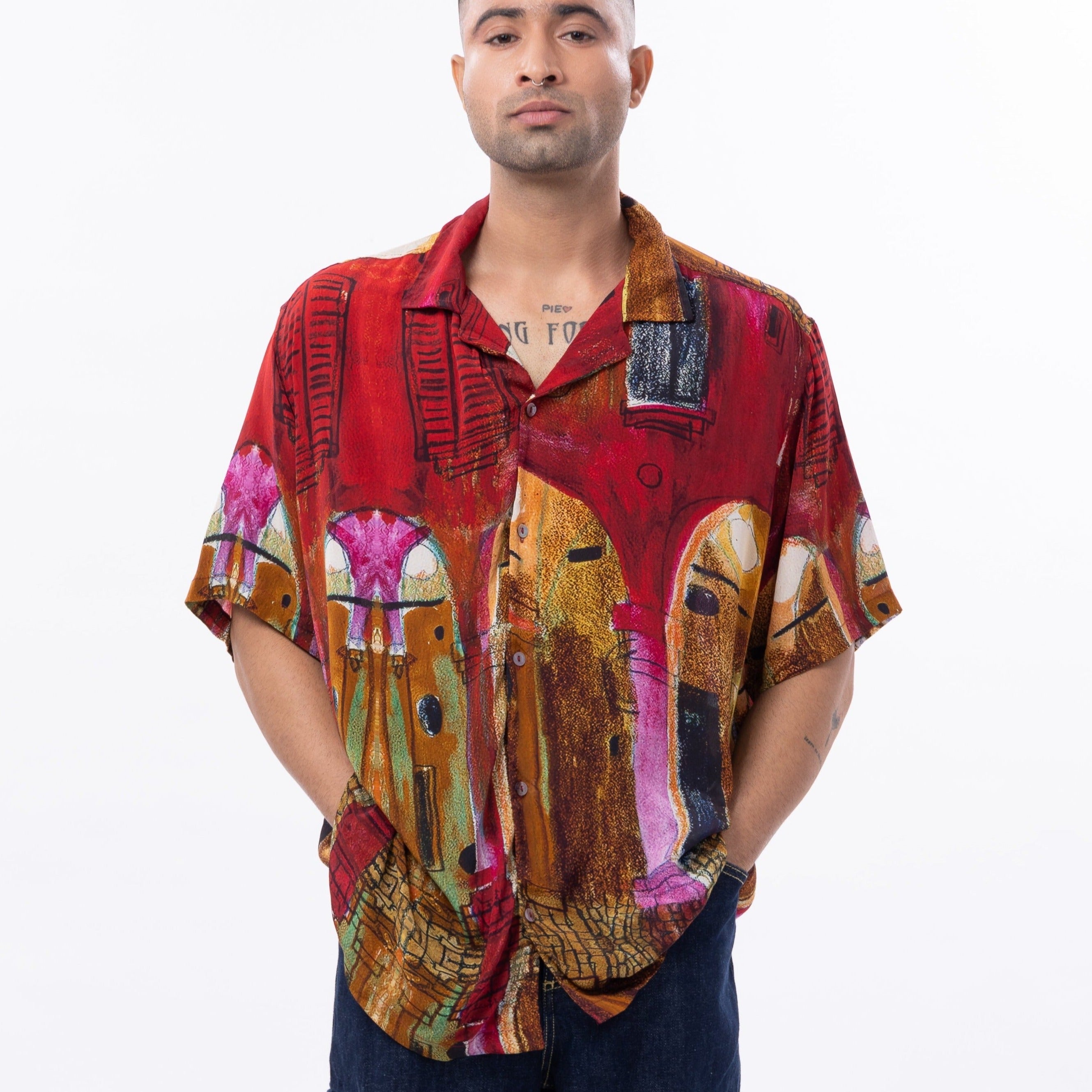 Stylera art print short sleeve shirt featuring colorful artistic designs and a relaxed fit
