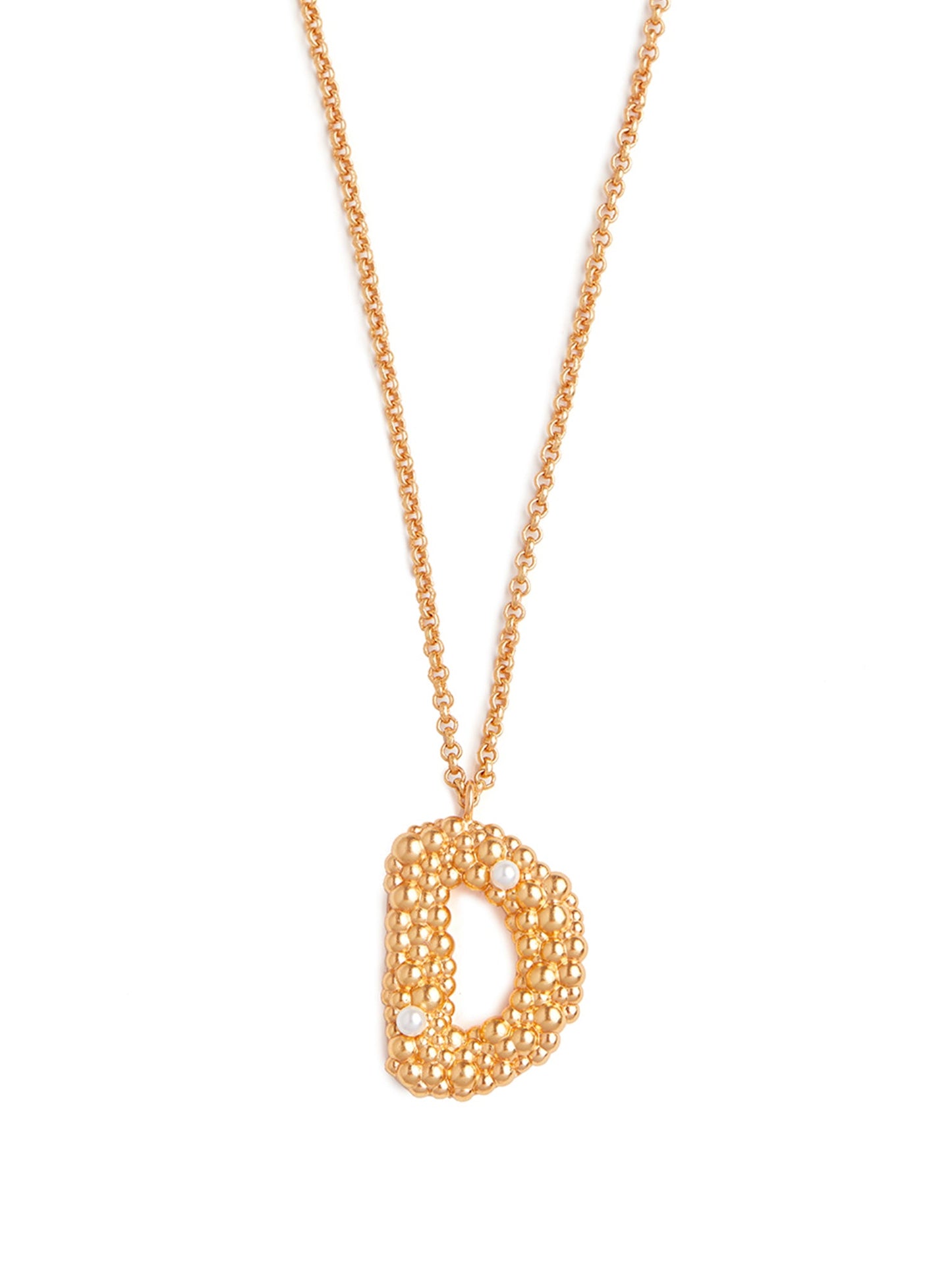 Stylera gold letter D necklace with textured beaded pendant and small clear accent stone on chain