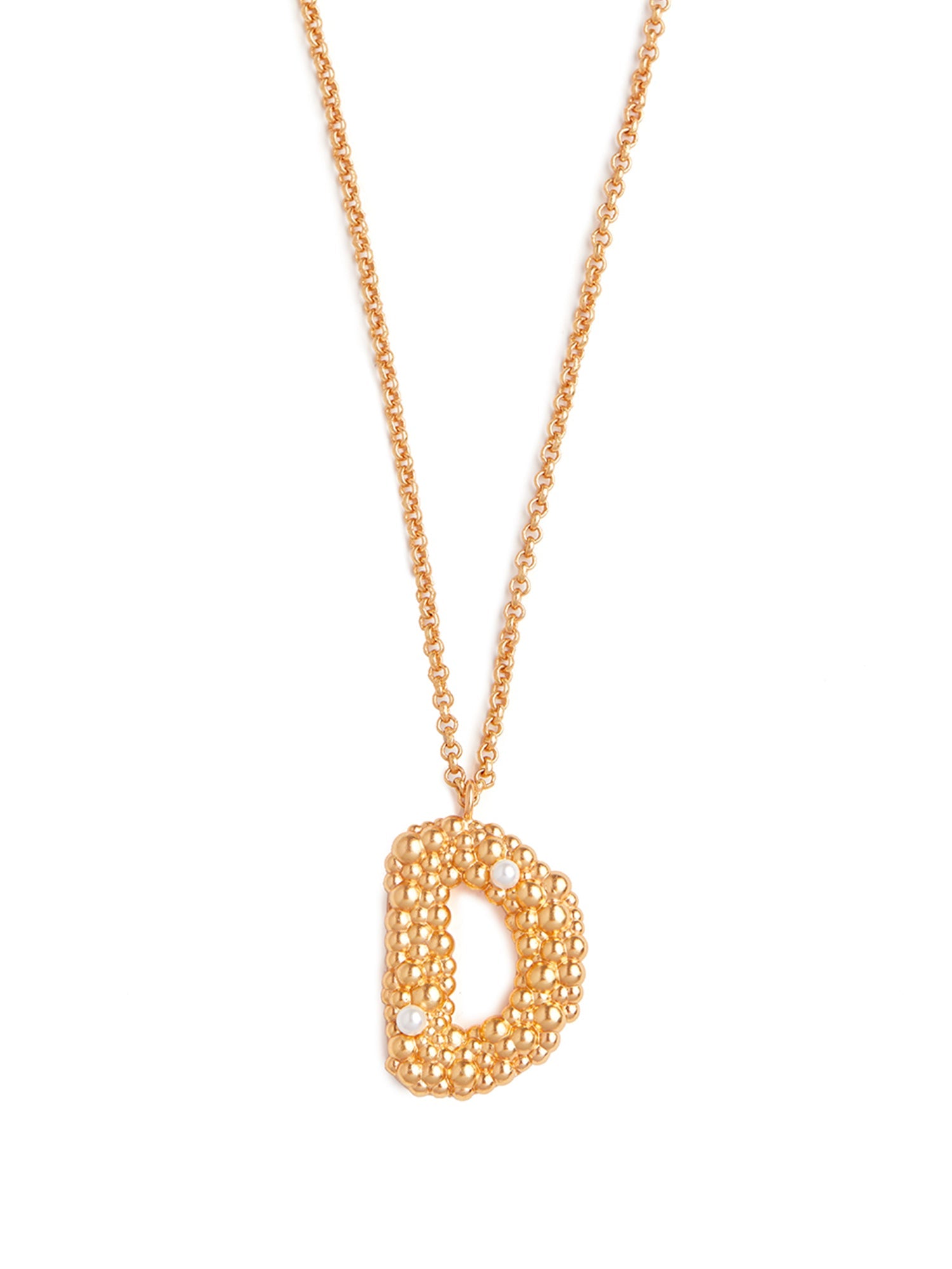 Stylera gold letter D necklace with textured beaded pendant and small clear accent stone on chain