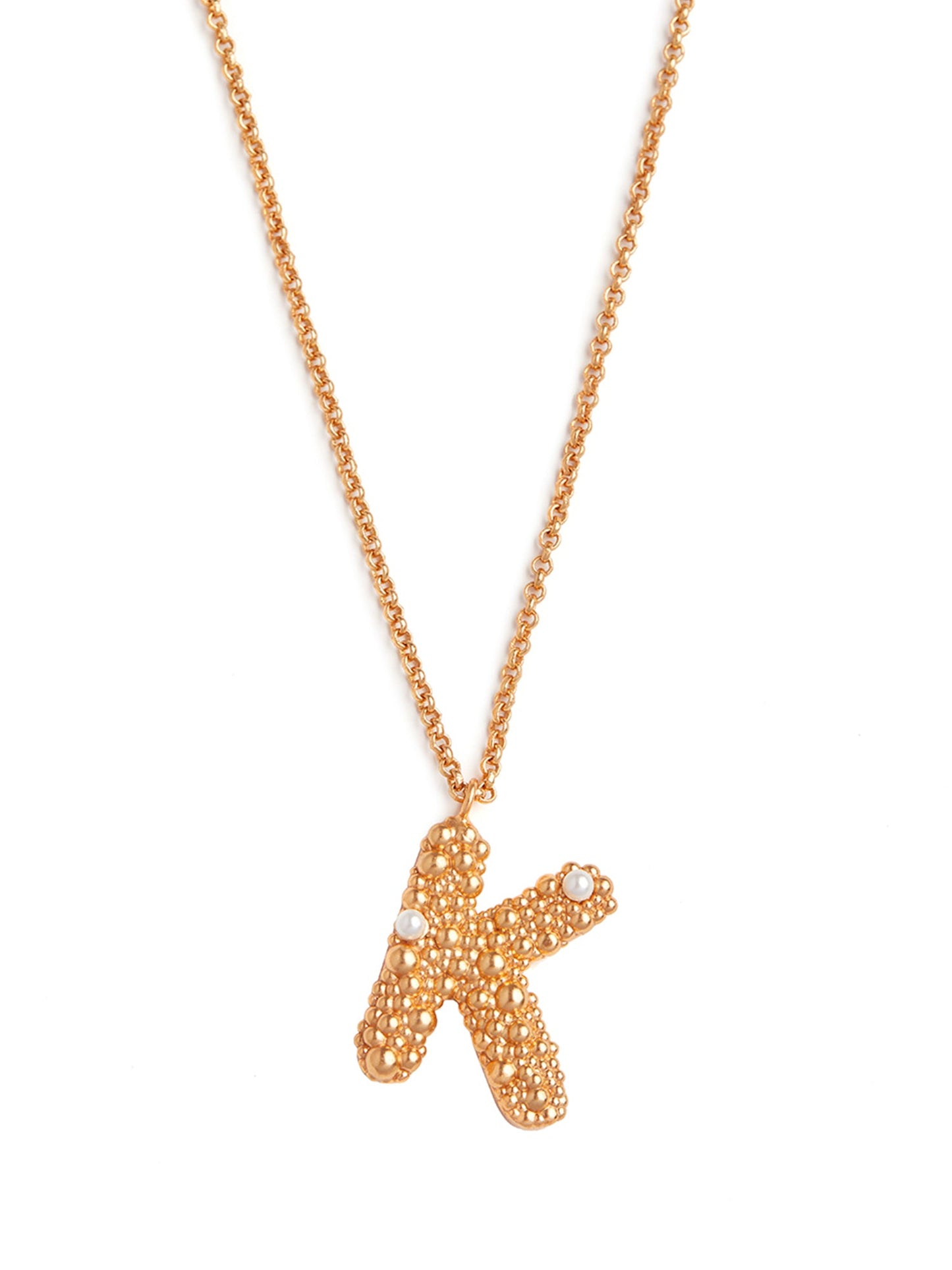 Stylera gold letter K necklace with textured pendant and two pearl accents on delicate chain