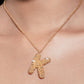 Stylera textured pendant worn on model featuring gold letter K necklace with pearl accents on delicate chain