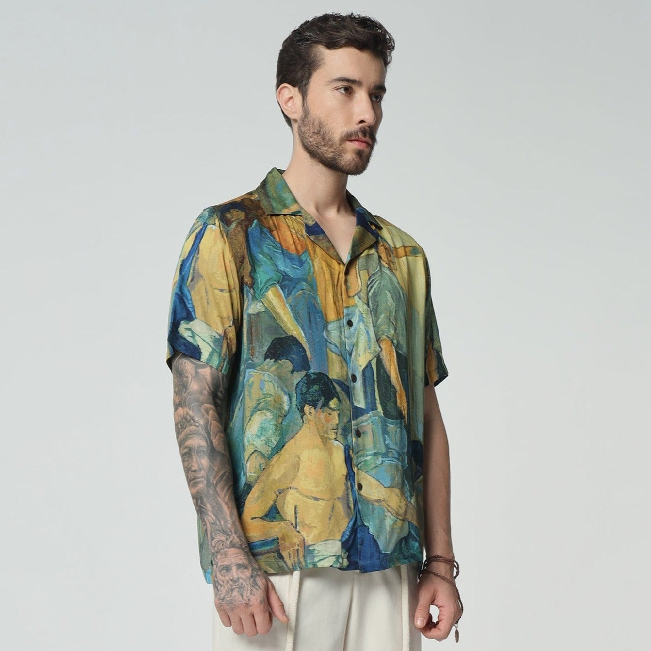 Stylera artisan print short sleeve shirt featuring vibrant artwork and a relaxed fit for summer style