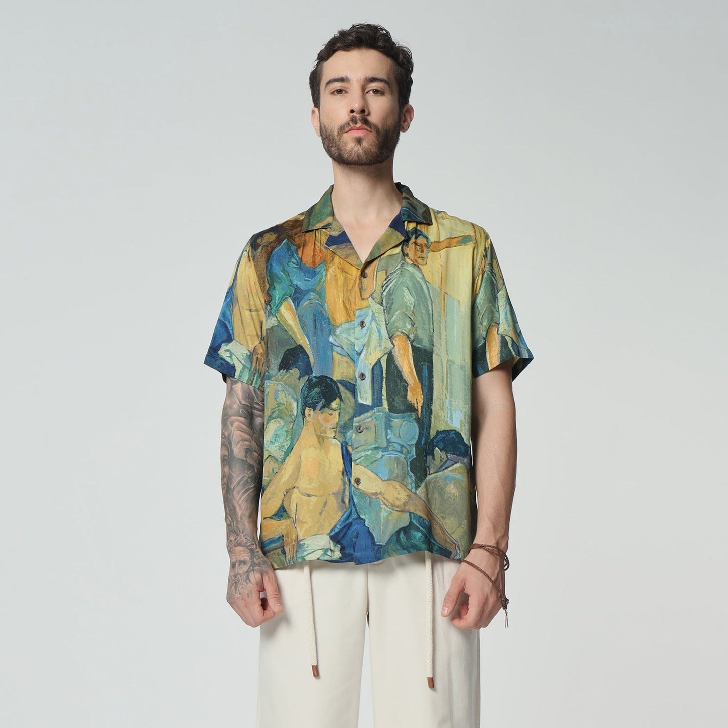 Stylera artisan print short sleeve shirt featuring vibrant artwork in a relaxed fit design