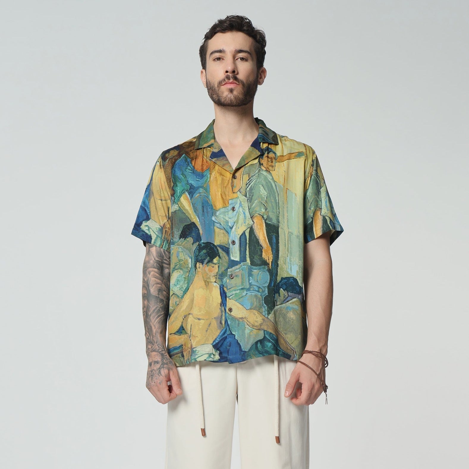Stylera artisan print short sleeve shirt featuring vibrant artwork in a relaxed fit design