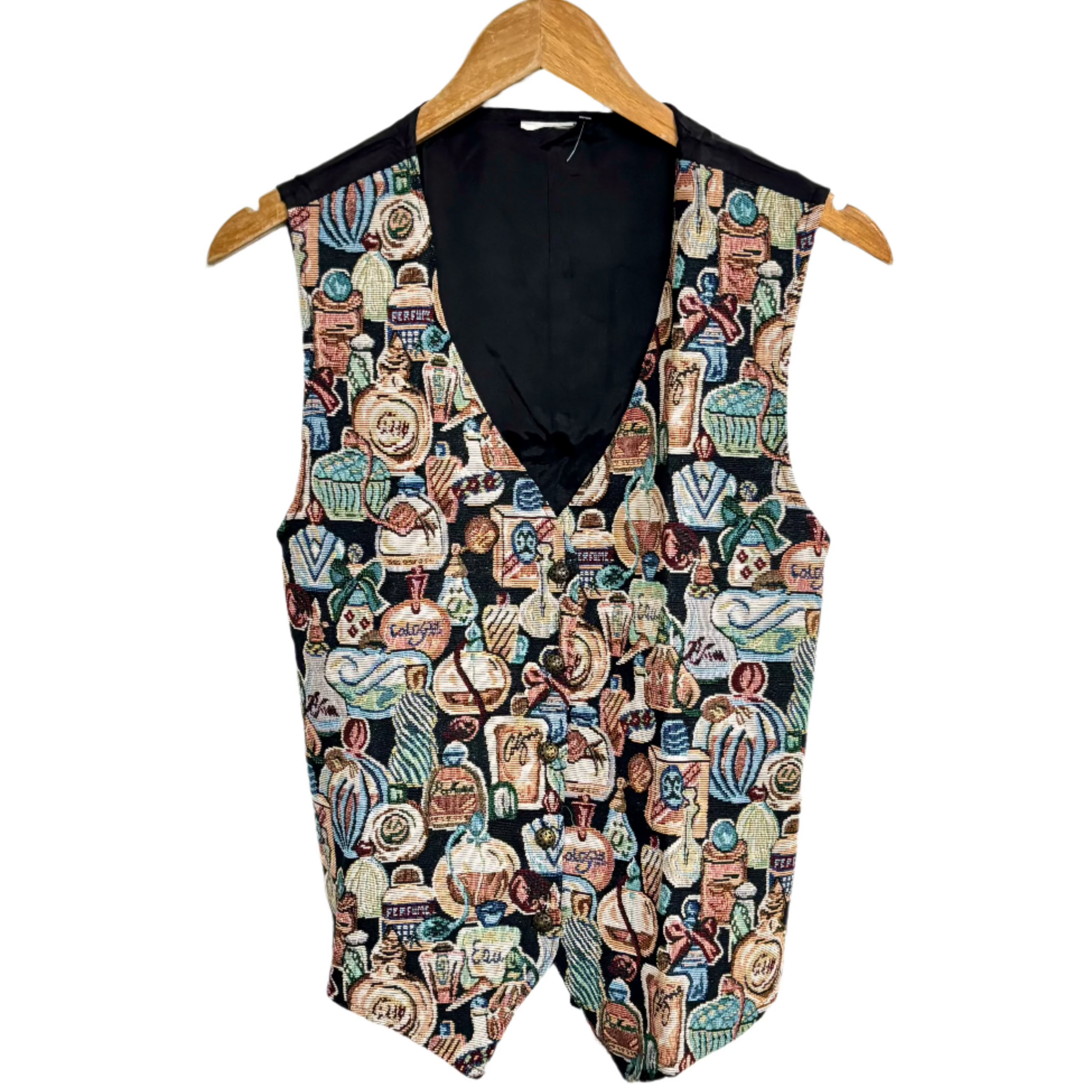 unique fashion vests Stylera tapestry V neck sleeveless vest with vintage perfume bottle print on wooden hanger