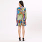 Stylera Artistic print casual dress featuring a colorful design with flared ruffles and long sleeves