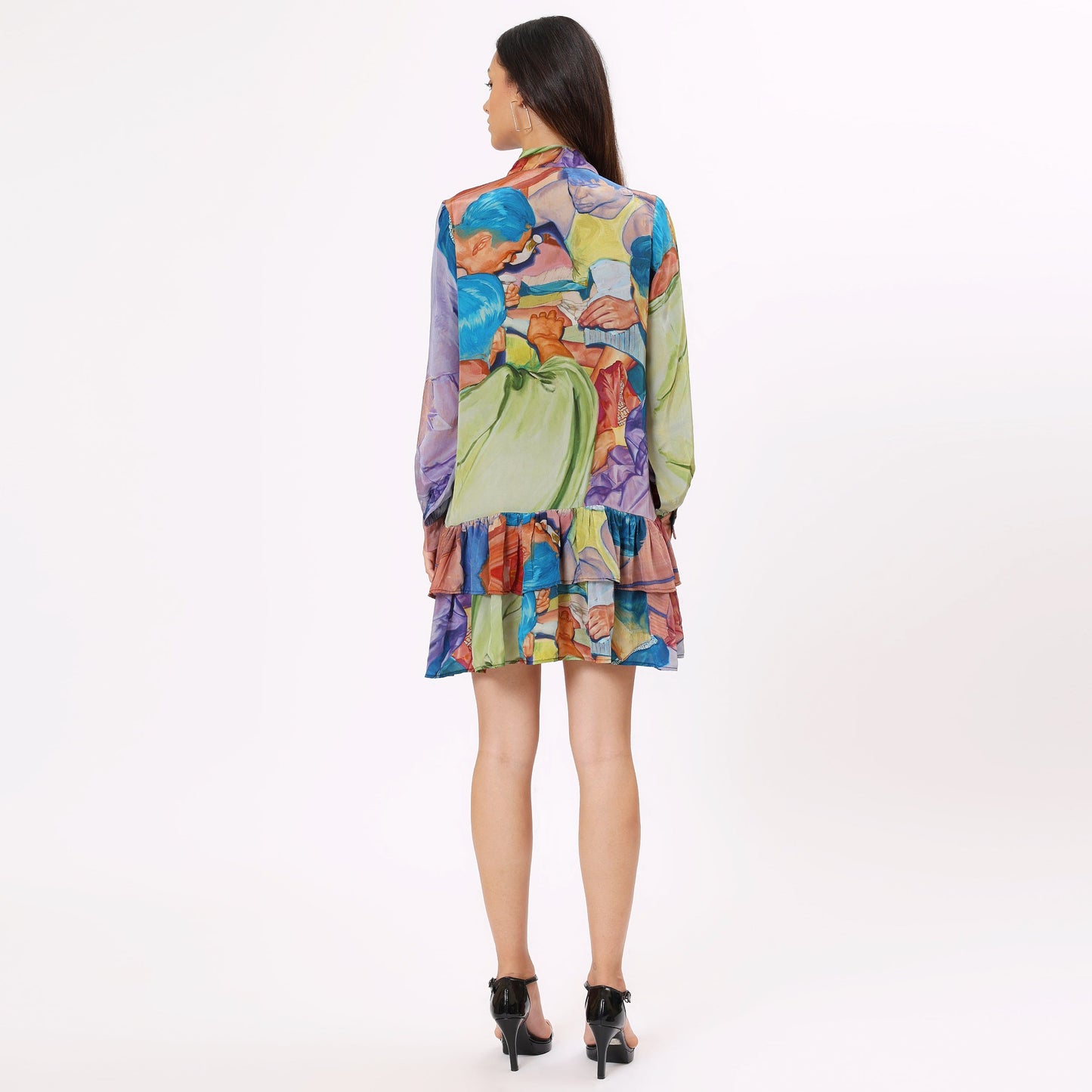 Stylera Artistic print casual dress featuring a colorful design with flared ruffles and long sleeves
