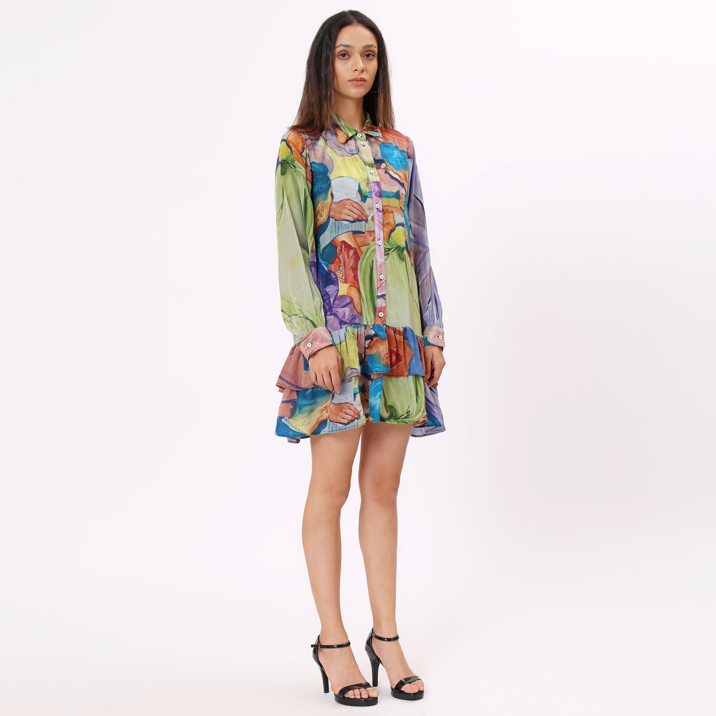Stylera artistic print casual dress featuring a vibrant floral design and long sleeves