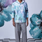 Stylera artistic print hoodie shirt pastel watercolor floral hoodie on male model with gray trousers