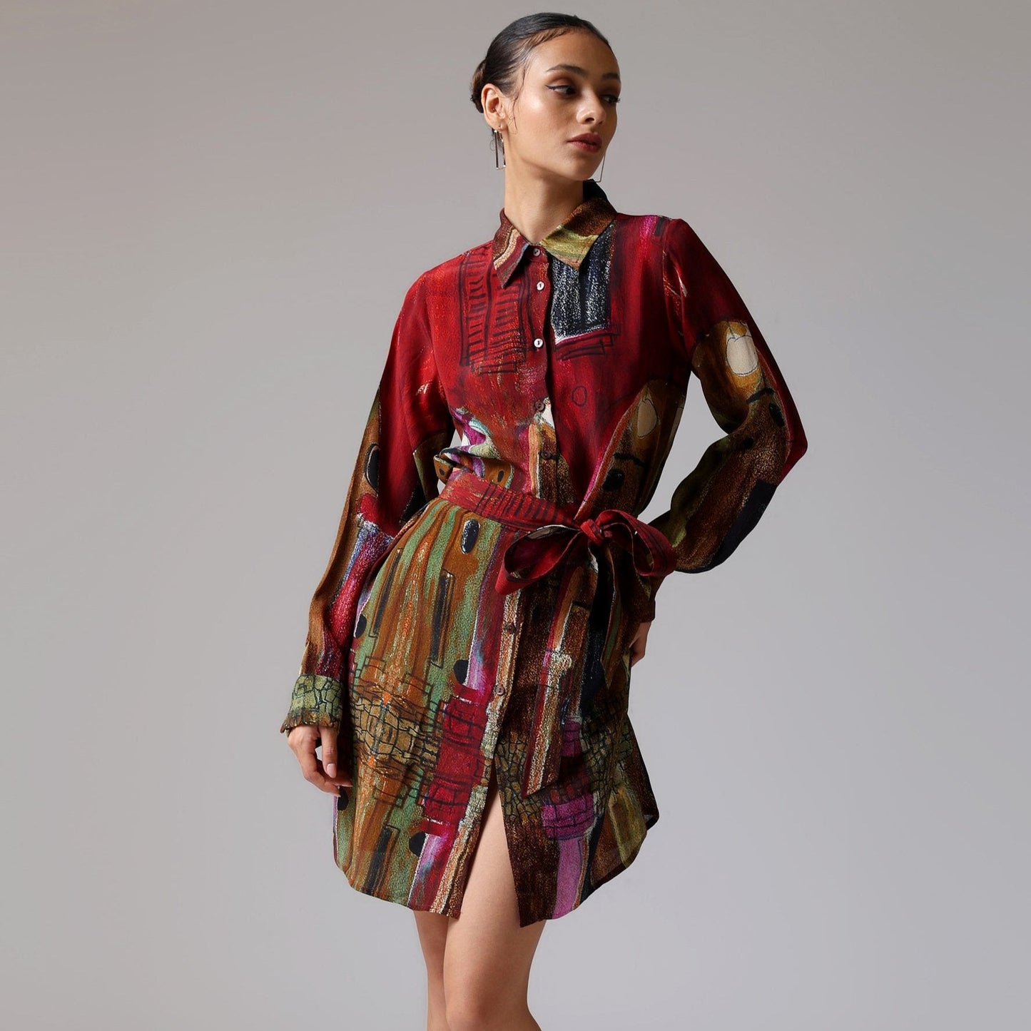 Stylera artistic print mini dress with button-down front and tie waist for a stylish look