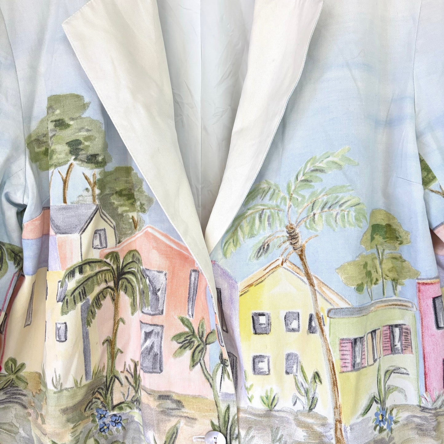 Stylera artistic women’s jacket with pastel hand painted tropical village print and white lapel