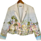 Stylera artistic women’s jacket cream watercolor seaside village blazer with pastel houses and palm trees