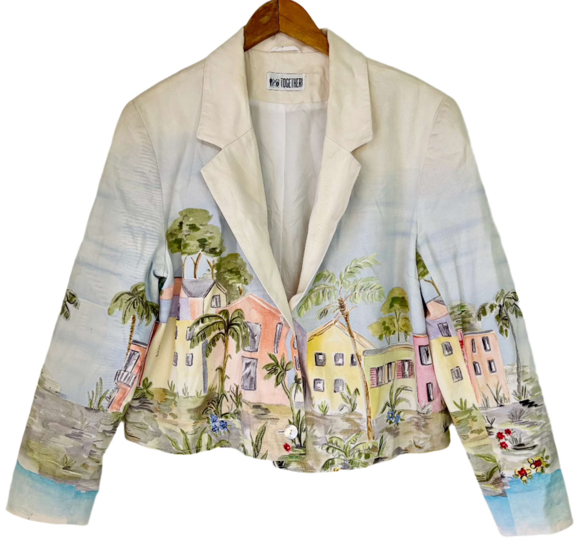 Stylera artistic women’s jacket cream watercolor seaside village blazer with pastel houses and palm trees