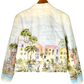 Stylera artistic women’s jacket white linen with hand painted coastal village watercolor and palm trees