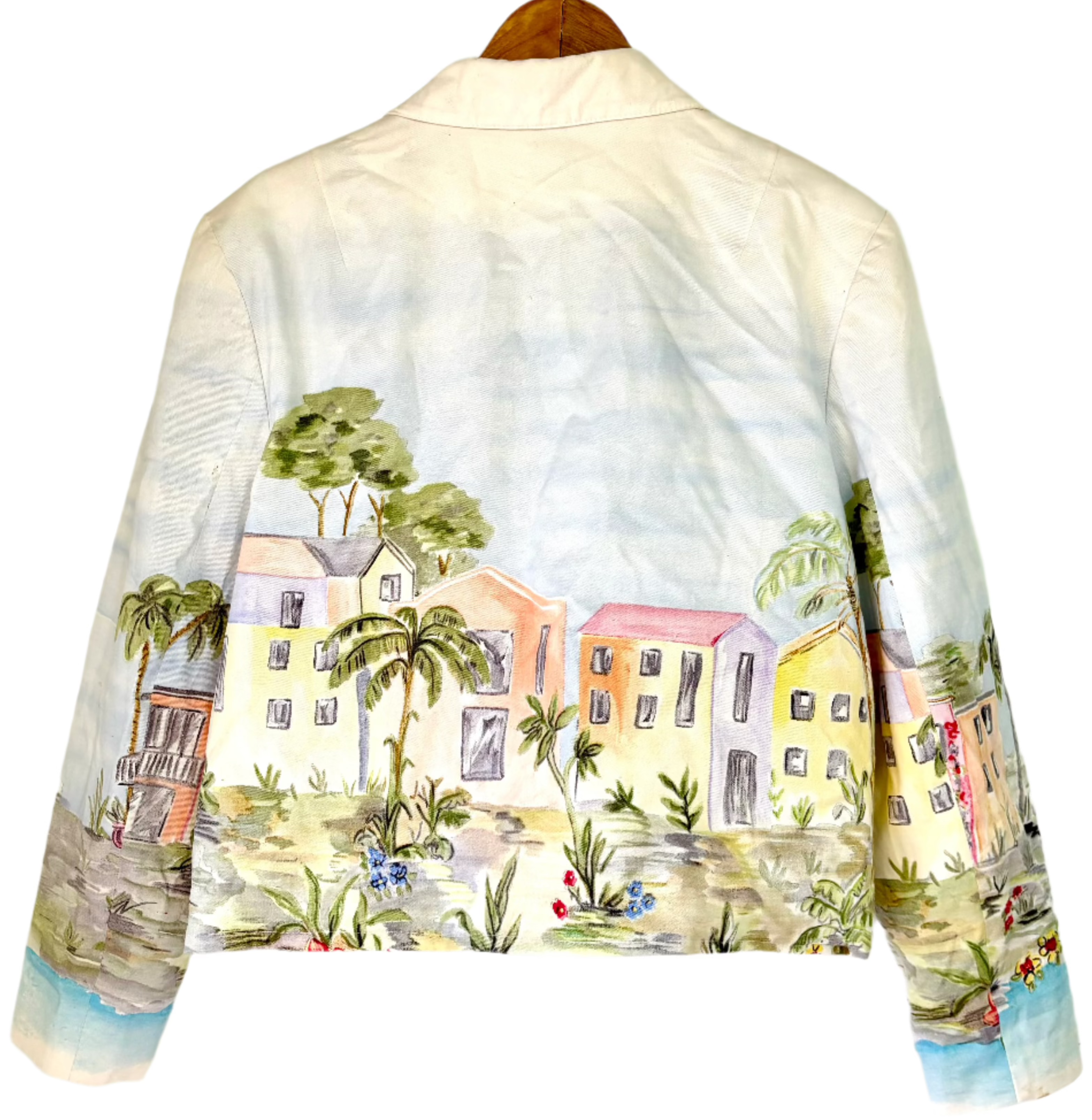 Stylera artistic women’s jacket white linen with hand painted coastal village watercolor and palm trees