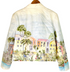 Stylera artistic women’s jacket white linen with hand painted coastal village watercolor and palm trees
