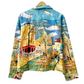 Stylera painted denim jacket outfit featuring colorful hand painted cityscape artwork on back