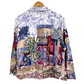 Stylera cityscape button up shirt on wooden hanger unique graphic shirts for women colorful village print