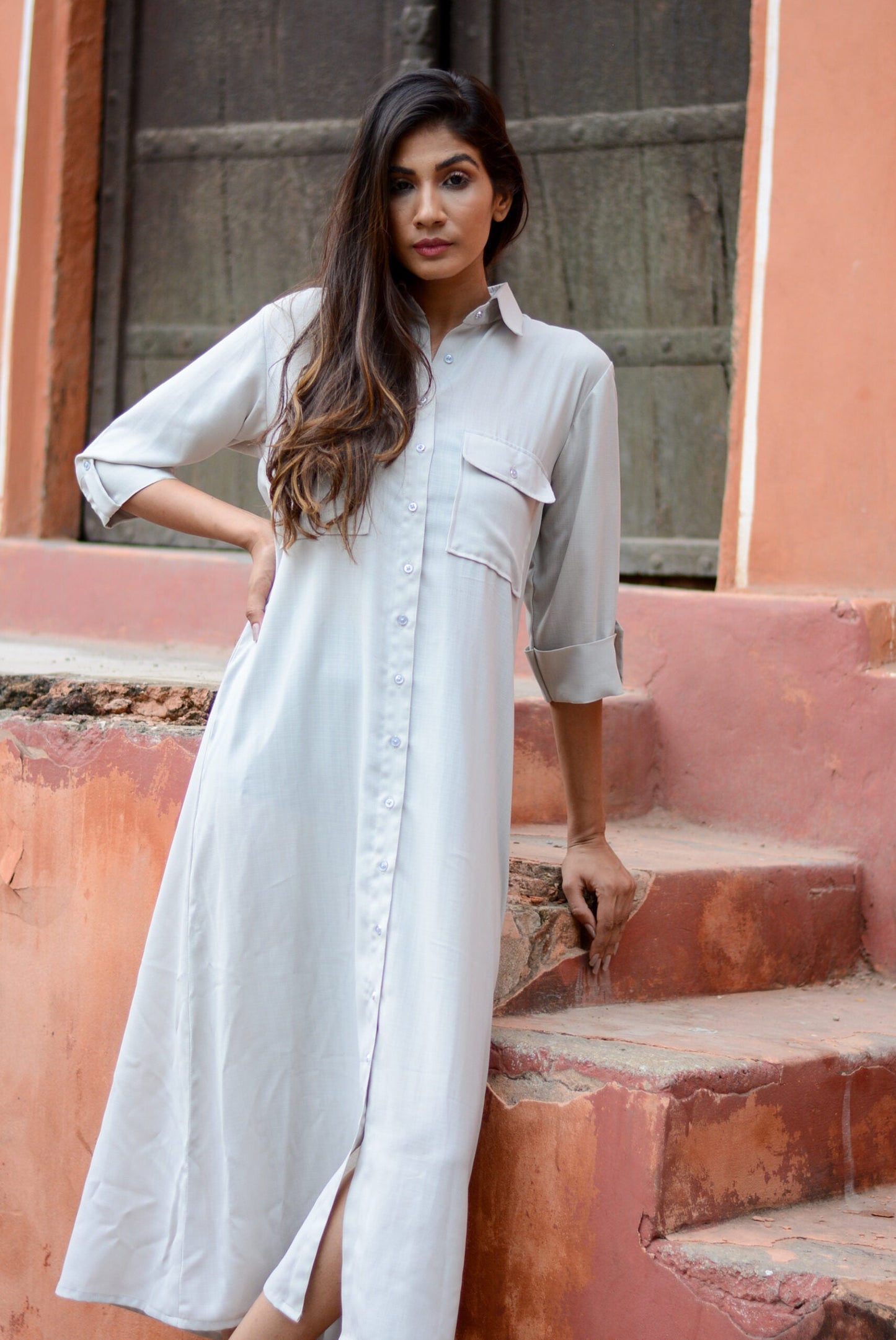Ash grey midi shirt dress by Stylera with a button-down front and rolled-up sleeves