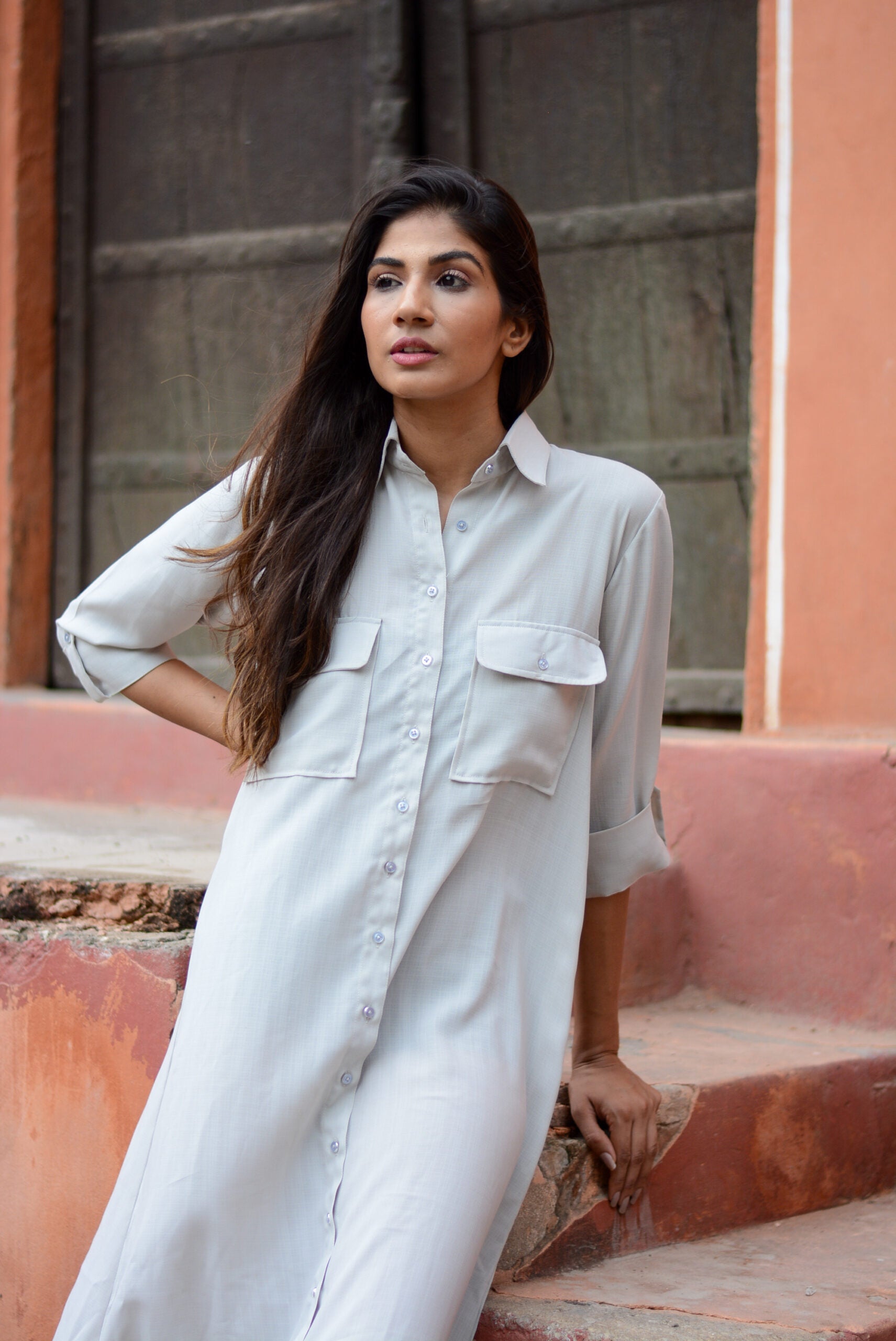 Stylera ash grey midi shirt dress featuring button-up front and two chest pockets for a casual look