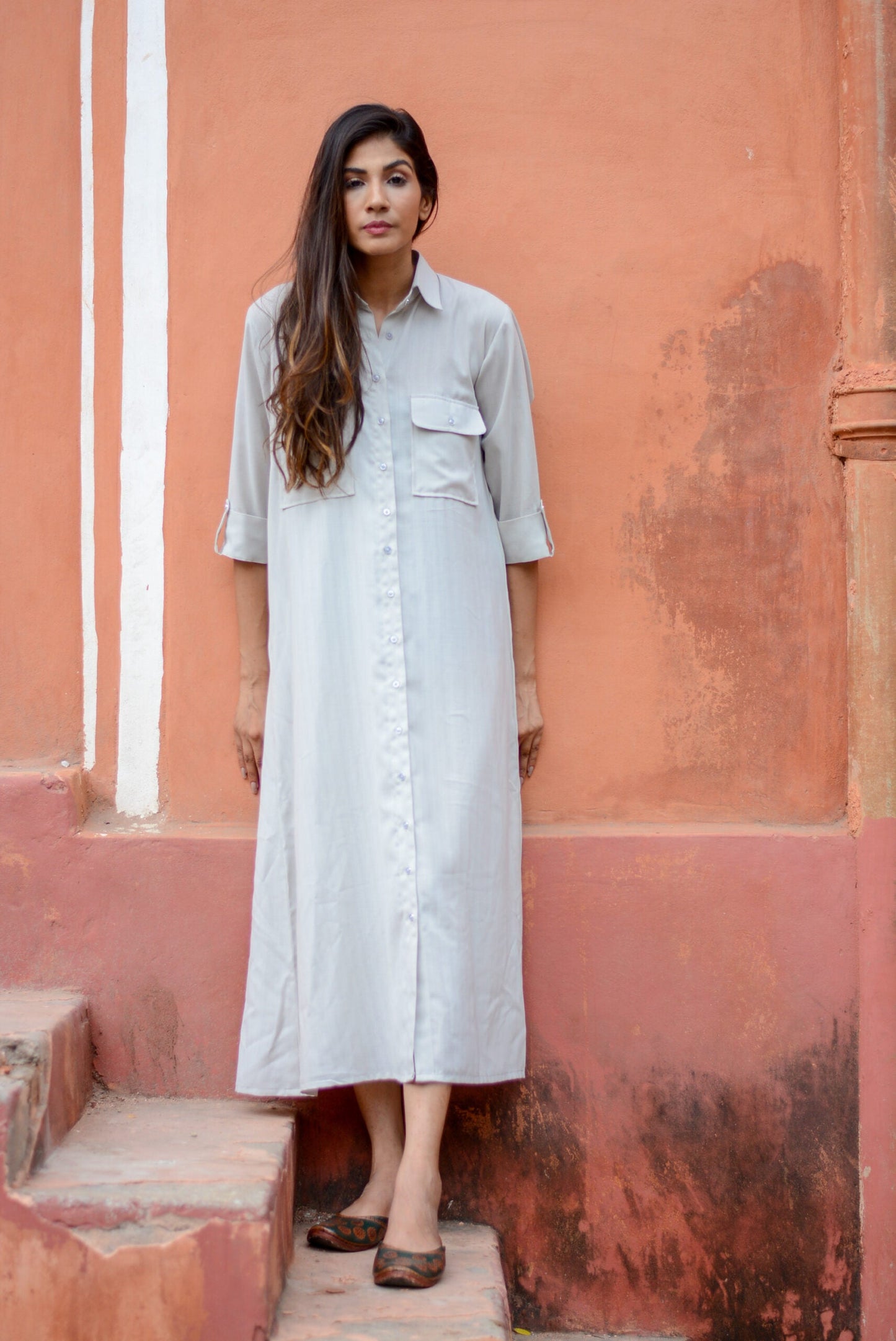 Ash grey midi shirt dress by Stylera featuring a button-down front and classic collar for a stylish look