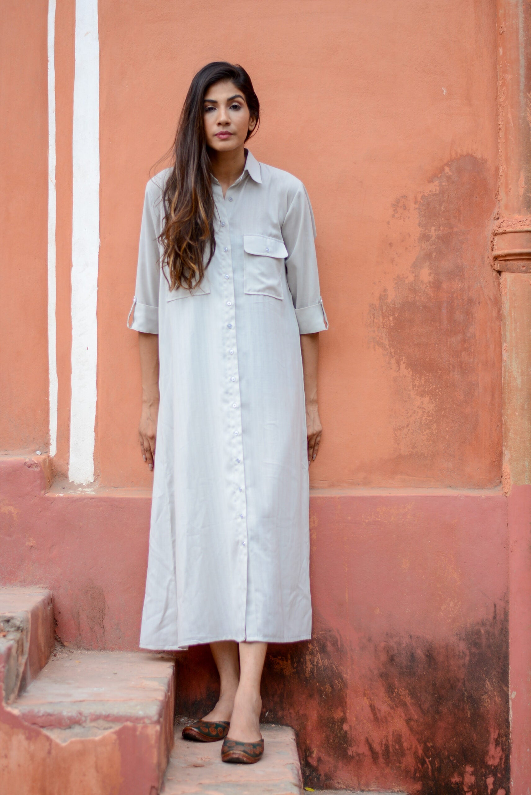 Ash grey midi shirt dress by Stylera featuring a button-down front and classic collar for a stylish look
