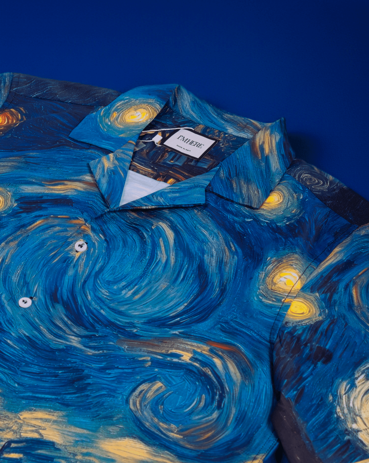 Stylera men's art print casual shirt in blue Starry Night swirl print with camp collar and white buttons
