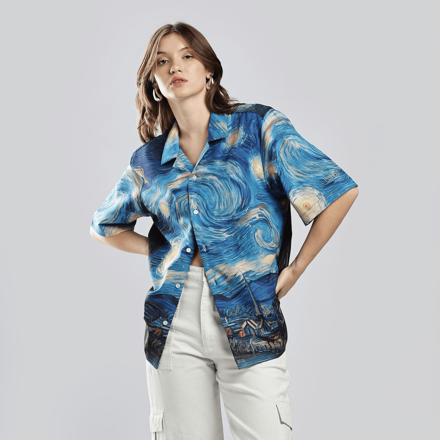 Stylera men's art print casual shirt with Van Gogh Starry Night blue swirl short sleeve button up