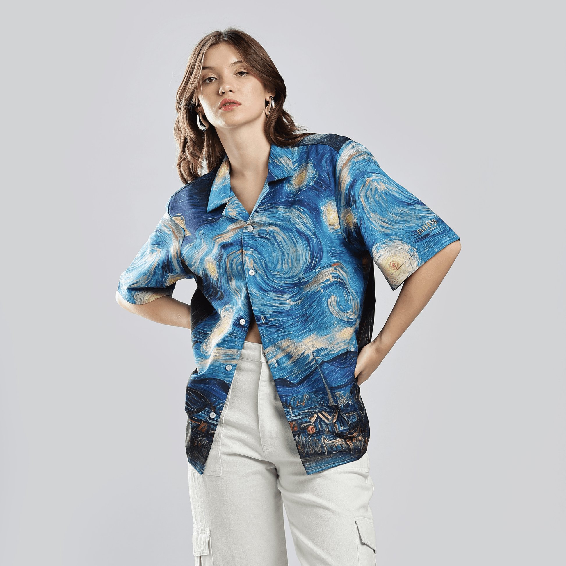 Stylera men's art print casual shirt with Van Gogh Starry Night blue swirl short sleeve button up