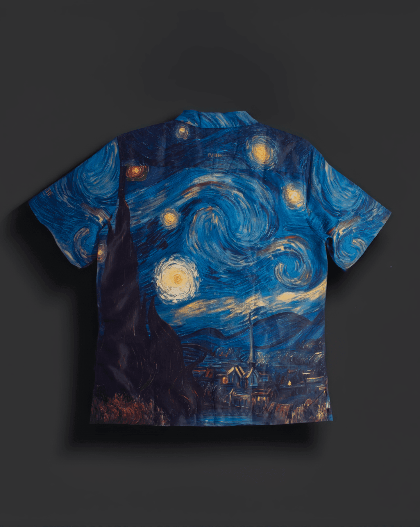 Stylera men's art print casual shirt featuring full back Starry Night style blue print short sleeve