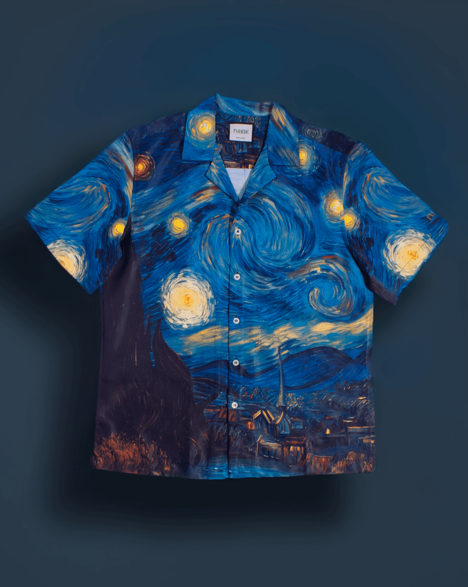 Stylera men's art print casual shirt featuring blue Van Gogh style Starry Night swirl print short sleeve