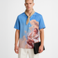 Stylera blue short sleeve shirt with classical painting print beige neck scarf and clutch statement fashion shirt