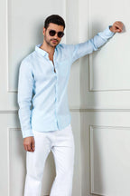 Men's Linen Long Sleeves Baby Blue Shirt Vellure