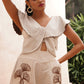 Stylera beige embroidered playsuit with large collar and floral embroidery on shorts
