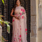 Elegant beige floral chiffon saree featuring pink flower embroidery perfect for festive occasions