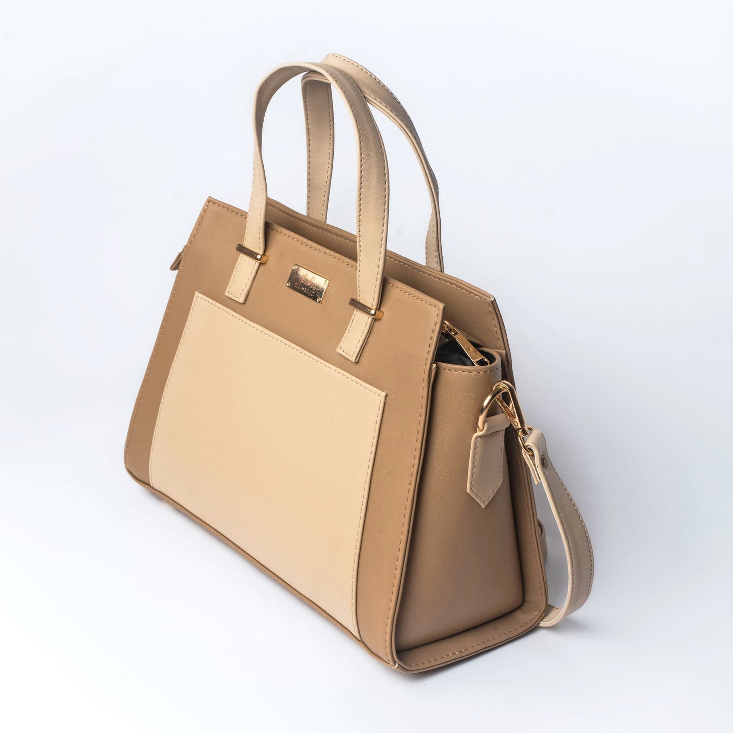 Beige luxury handbag for women by Stylera with stylish dual-tone design and comfortable straps