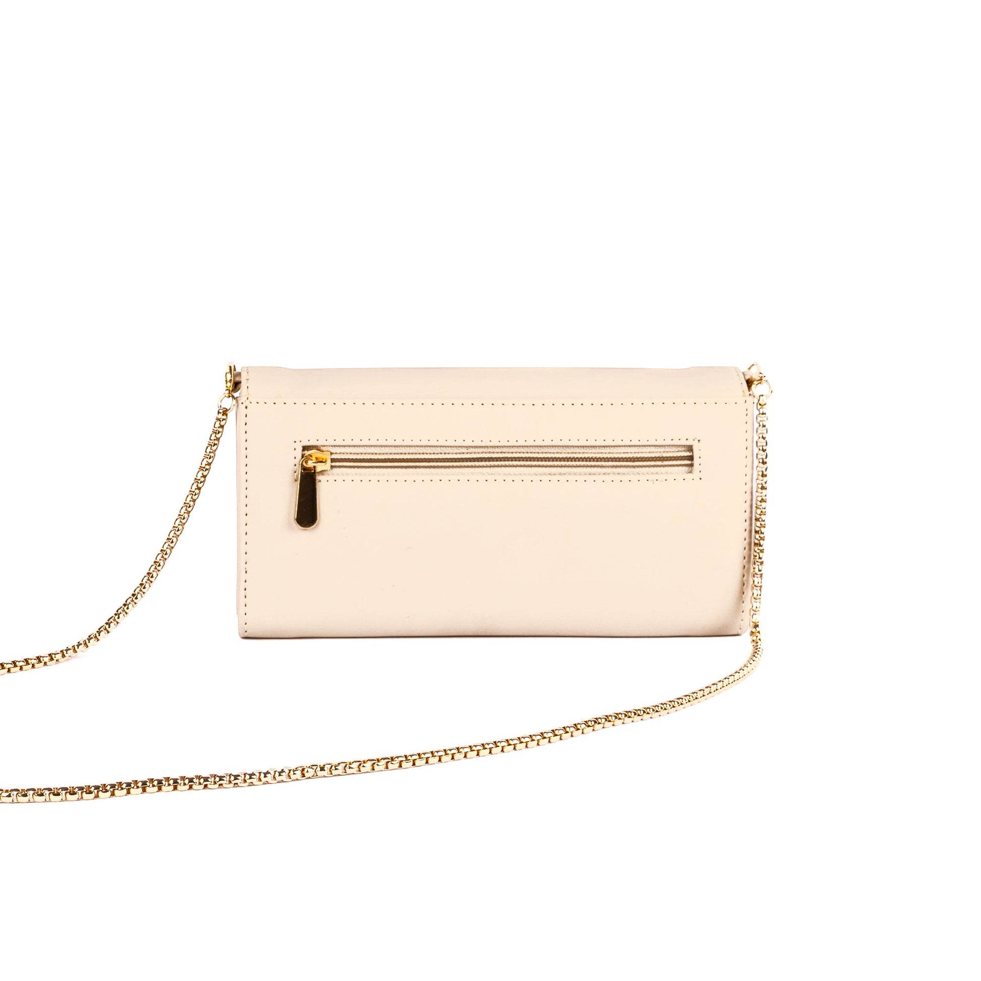 Beige wallet with chain for women featuring a sleek design and a zipper compartment for essentials